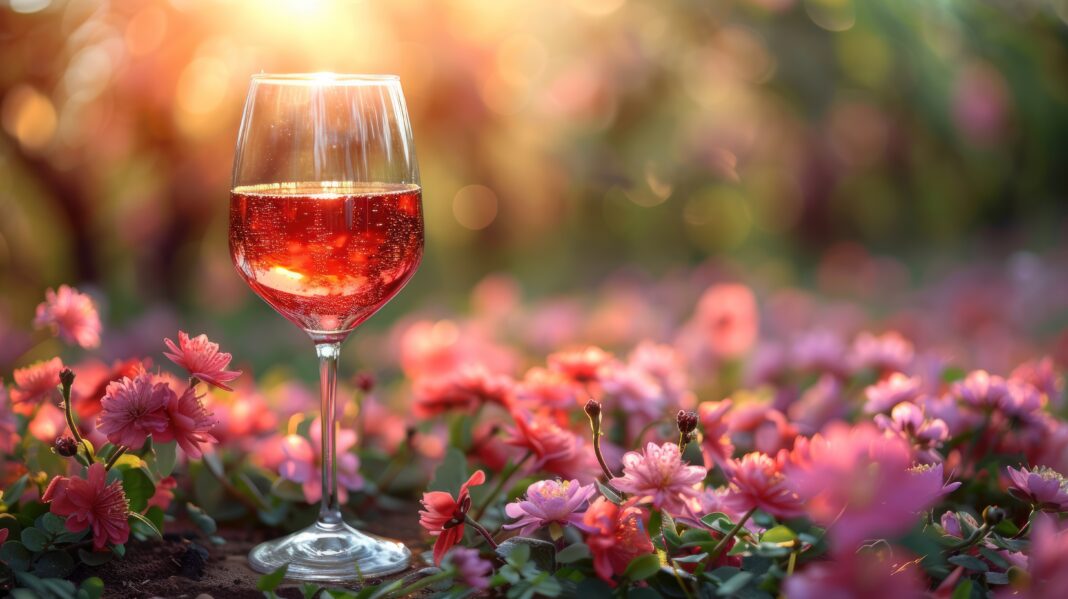 Glass of Wine in a Field of Pink Flowers